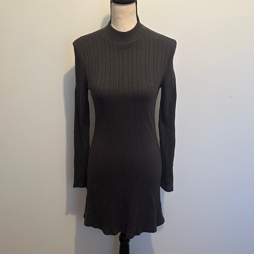 Mango MNG Dark Grey Long Sleeve Knit Dress Ribbed Mini Mock Neck
